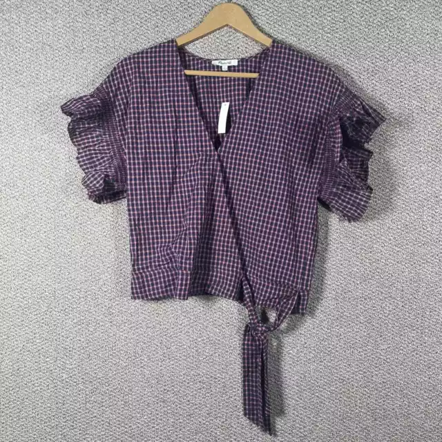 Madewell Wrap Blouse Womens Size Large Purple Plaid Flutter-Sleeve Side-Tie NEW