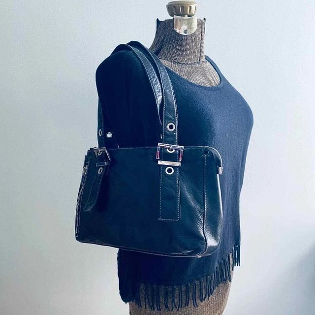 Perlina black leather double handle purse
