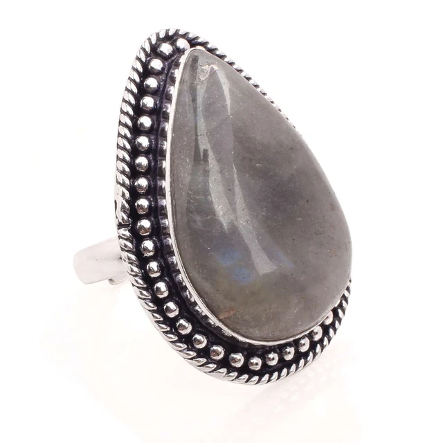 Bague labradorite de feu bleu : argent sterling 925 fait main, pierre rectangulaire - France
