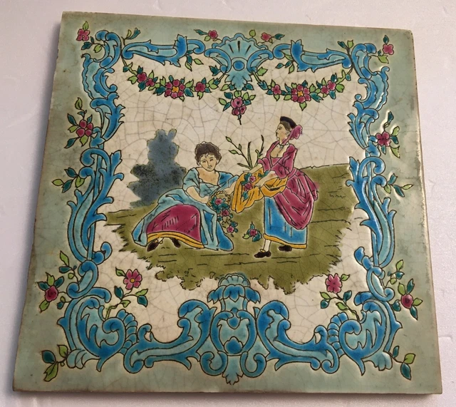 Rokoko Comtesses with Roses Emaux GIEN Art Nouveau Tile Fliese Jugendstil Tegel 2