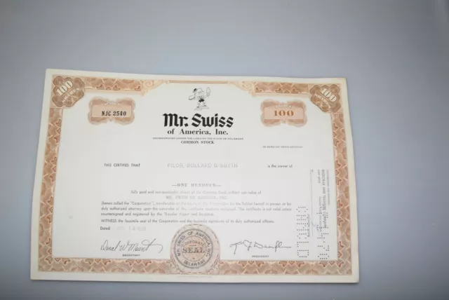 Historisches Wertpapier Aktie Mr. Swiss of America, INC. 1969 100 Shares 065