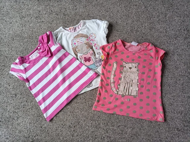 Girls Short Sleeve 3 T-shirt Bundle, Spot, Stripe, Applique, Age 4-5 VGC