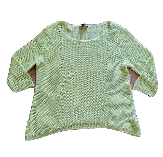 Eileen Fisher Sweater Top Womens Large Yellow Linen Open Knit 3/4 Sleeve Casual