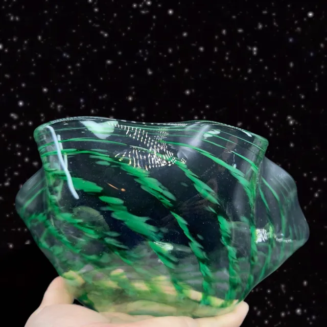 Studio Art Glass Bowl Hand Blown Dish Centerpiece Clear With Green Design 10”W