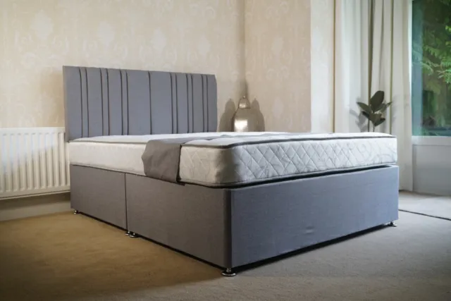 Grey Linen Divan Bed with Headboard Mattress and storage.luxury