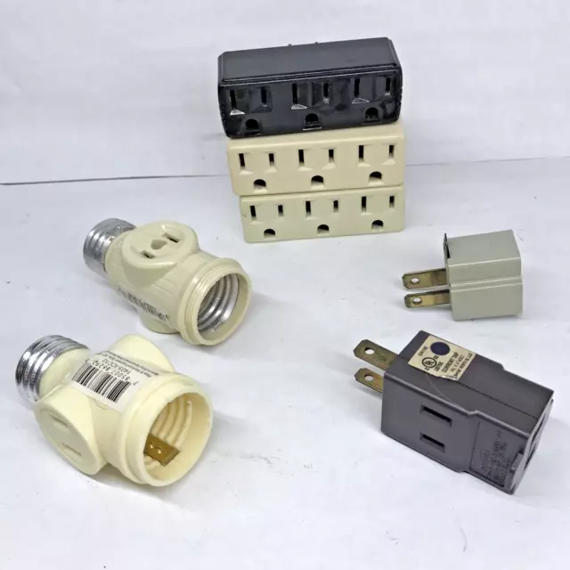 Lot of 7 Outlet Adapters 2-prong 3-Prong 2-way 3-Way Light Socket Plug Splitters