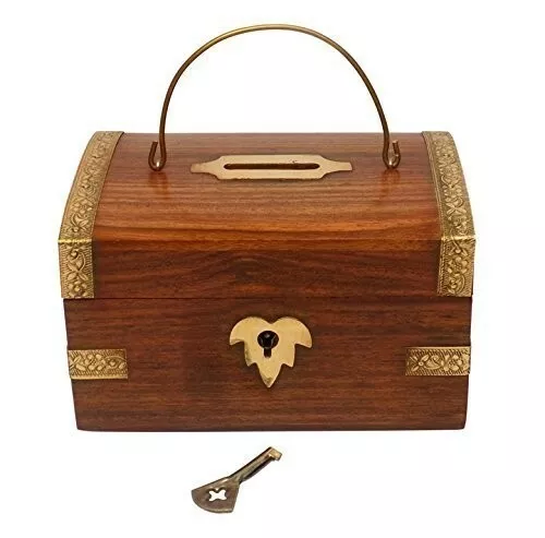 Wooden Piggy Bank/Money Bank/Coin Box with Lock (Size: 5 X 3 X 4 In)
