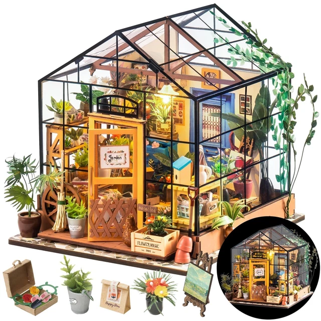 ROWOOD DOLL HOUSE Kit Greenhouse, DIY Miniature Room with LED light ...