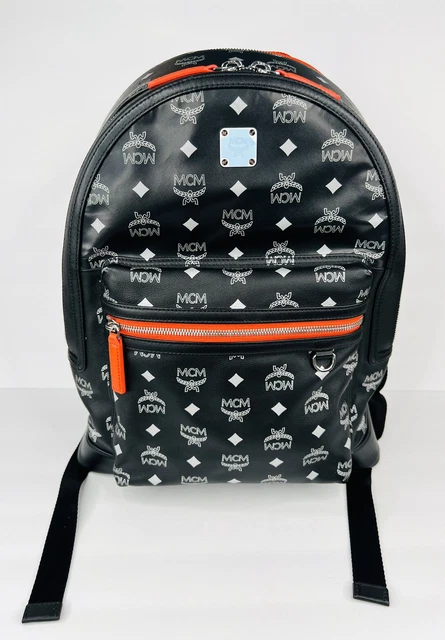 MCM Visetos Reflective Leather Nylon Resnick Backpack Black With Orange Trim