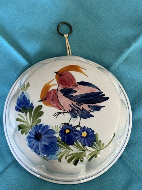 ABC Bassano Ceramic Hand Painted Floral Bird Wall Jello Mold , Vintage. ITALY