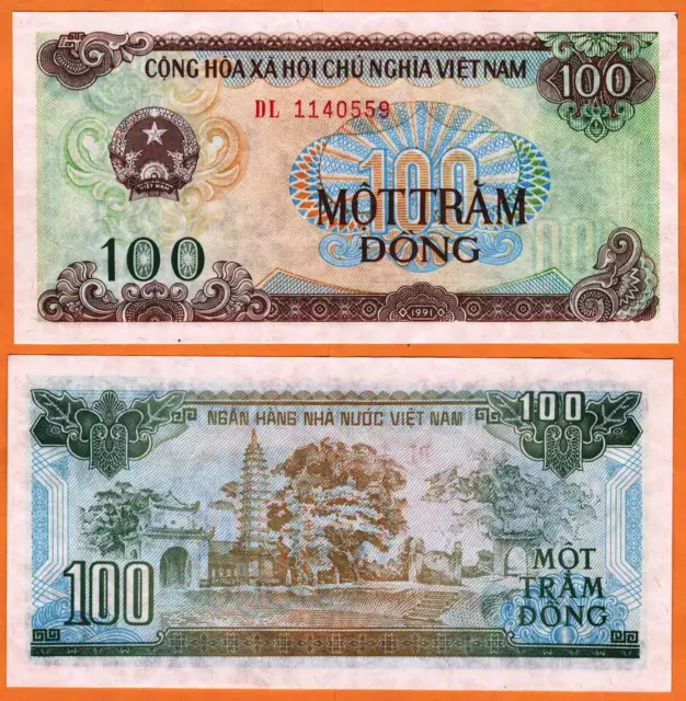 VIETNAM / VIET NAM 1991 UNC 100 Dong Banknote Money P-105a small serial # digits