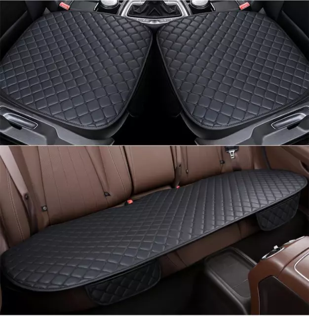 Black 3pc Universal Front Rear Car Seat Cover PU Leather Protector Non-Slip Mat