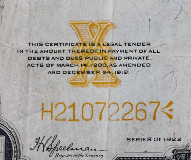 $10 1922 large Gold Certificate H21072267 Fr.1173, KL442, ten dollar, Hillegas
