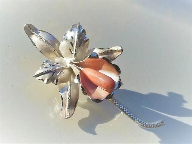 Broche Florale Ancienne En Argent Et Corail - XIXème Siècle, Poinçon Sanglier, Occasion