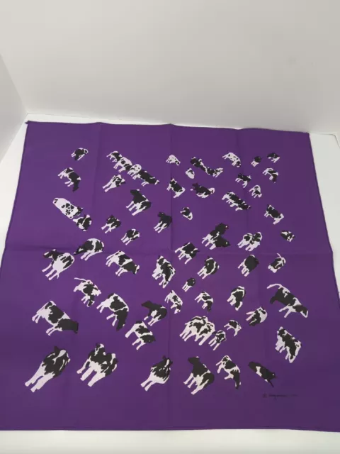 Vintage Woody Jackson Signed Purple Cow Print Kerchief Bandana 1984 Cottagecore