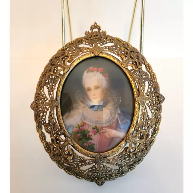 Antique 1920s Hand Painted Filigree Brass Framed Victorian Woman Signed