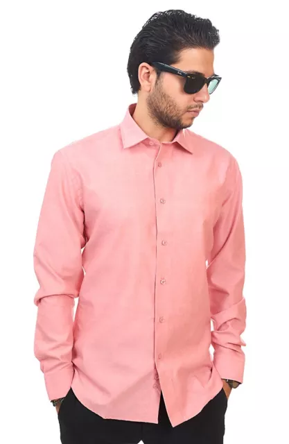 New Mens Dress Shirt Solid Coral Tailored Slim Fit Wrinkle Free Cotton AZAR MAN