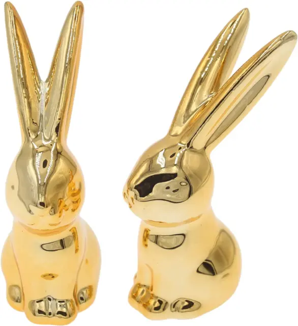 2 Pcs Ceramic Animal Bunny Figurines Ornaments, Gold Ceramic Rabbit Bu