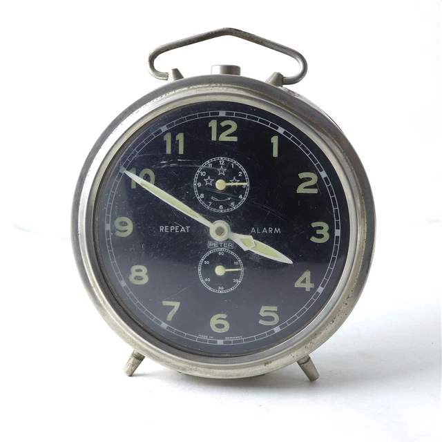 VINTAGE LARGE PETER Repeat Alarm Clock Made In Germany, Black Dial Wind