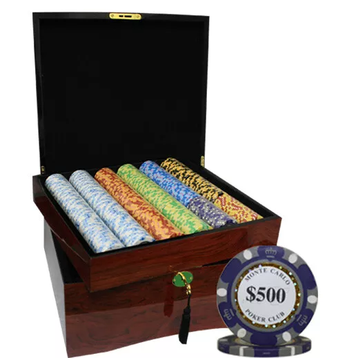 750 14G Monte Carlo Poker Club Chips Set High Gloss Wood Case