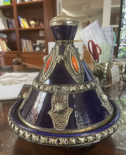 Moroccan Handmade Ceramic Decorative Metal Tajine Dish 9" diameter