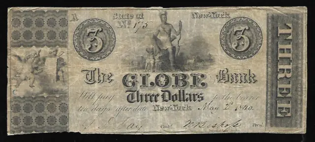 1840 $ 3 State Of New York Rare Note From Globe Bank #296B