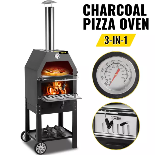 VEVOR 3in1 Pizza Oven Charcoal BBQ Grill Steel Smoker Wood Fire Outdoor Portable