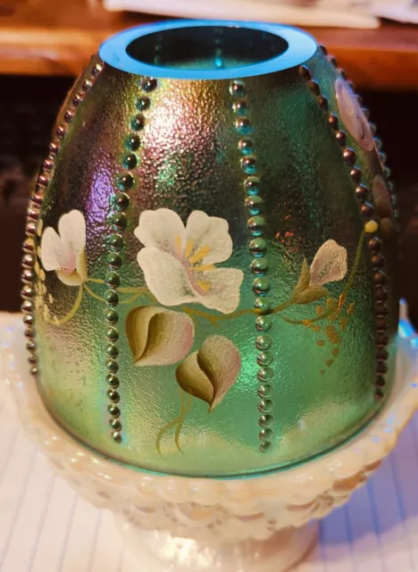 Fenton Art Glass Green Spruce Carnival Iridescent Fairy Lamp