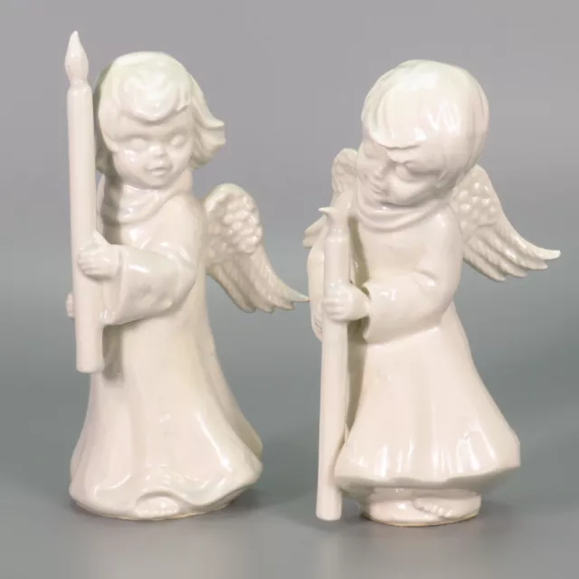 Vintage Cherub Angel Figurine Holding Candle Ceramic Boy Girl White Blue Set 2