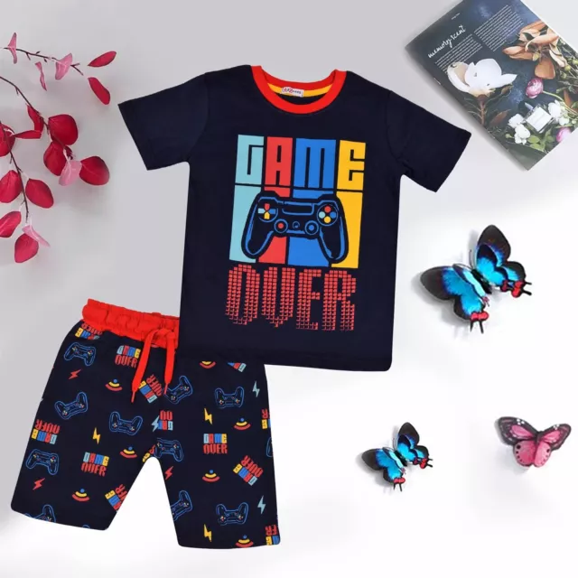 Kids Girls Boys Pyjamas Game Over Contrast Top Shorts 2 Piece PJS Sleepwear Set