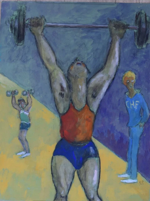 Tableau Gouache Sport Caricature Haltérophilie - Œuvre Originale, Thème Sportif