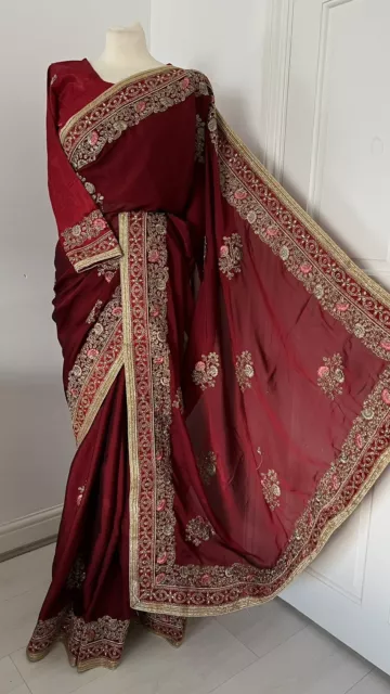 Latest Indian Asian Bridal Party Saree/Sari+ Long Sleeve Blouse Maroon