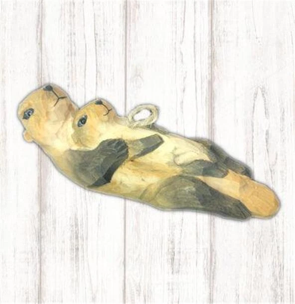Sea Otter w Baby Wood Ocean Ornament Handmade NWT Hand Carved