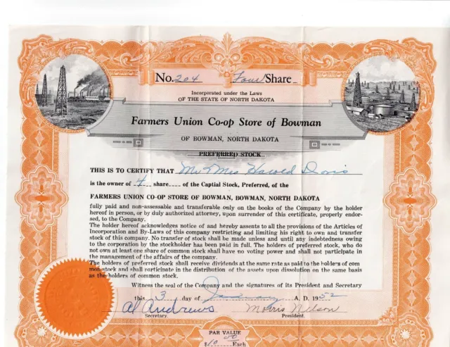 1952 Farmers Union Co-op Store of Bowman ND stock certificate