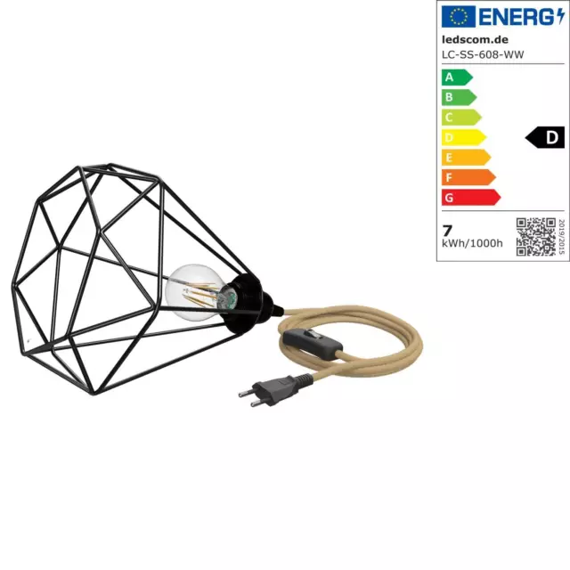 Käfig-lampada groß, LEKA con 3m Hanfkabel, spina, interruttore + LED Lampadina 9