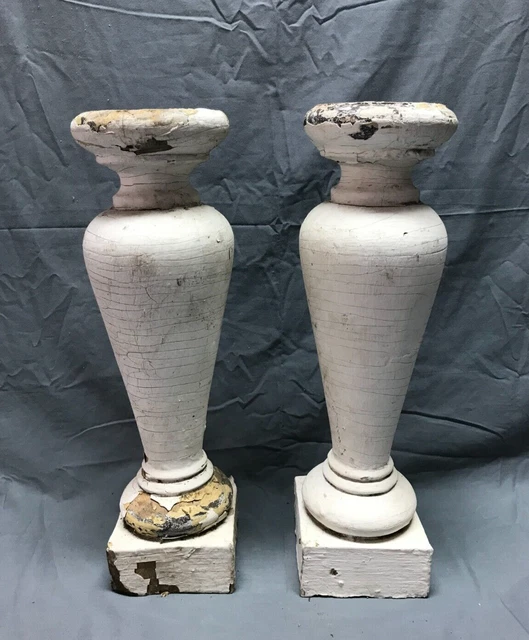 Pair 17" Turned Wood Shabby Balusters Thick Chunky Candle Holders VTG 1469-22B