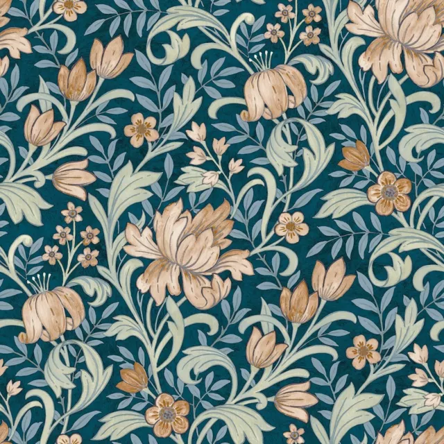 Grandeco Life Marian Navy Terracotta Wallpaper A67101 -  Floral Modern Morris