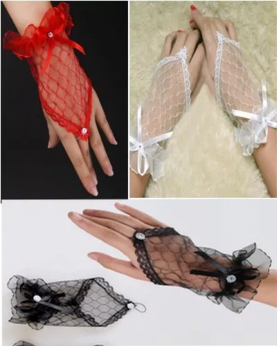 Mitaines Mariage Courtes Résille Dentelle - Blanc/Rouge/Noir - Gants Gloves