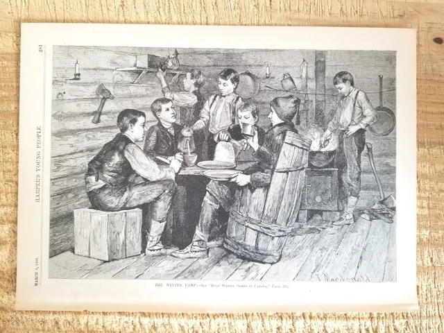 BOYS WINTER CAMP.VTG 1885 HARPER'S 11" x 8" ENGRAVING PRINT*85