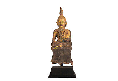 Thailand/Burma 20. Jh One Carved & Gold-Plated Wooden Figure of Buddha