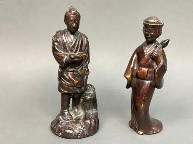 Pr. Antique Japanese Meiji Bronze Statue Sculpture of Woman Geisha Pair Farmer