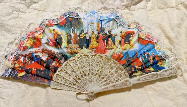Vintage  Spanish Hand Fan Flamenco Dancers Gold Detail and Lace Trim 10 In