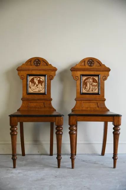 Pair Victorian Aesthetic Movement Oak Hall Occasional Chairs Moyr Smith Tiles