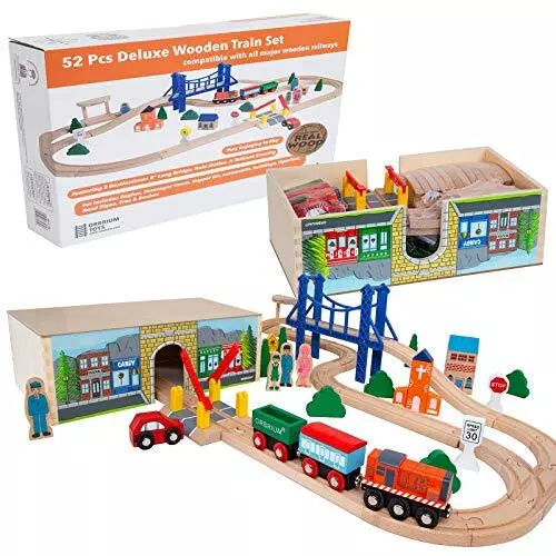 Orbrium Toys 52 Pcs Deluxe Wooden Train Set with 3 Destinations Fits Thomas, Bri