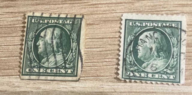 Benjamin Franklin 2 x ONE CENT US STAMP 1911 SEE PHOTOS 2 postmarks used