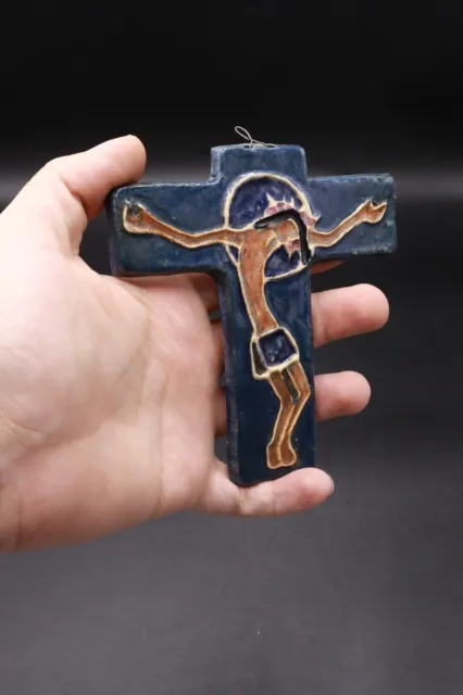 Crocifisso Croce dipinta a mano antica di Gesù Cristo Decorazione vintage...