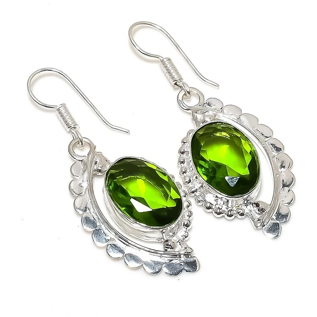Boucles D'oreilles Pendantes Argent 925 & Péridot - Fait Main, Inde, Longueur 1.80 Inch