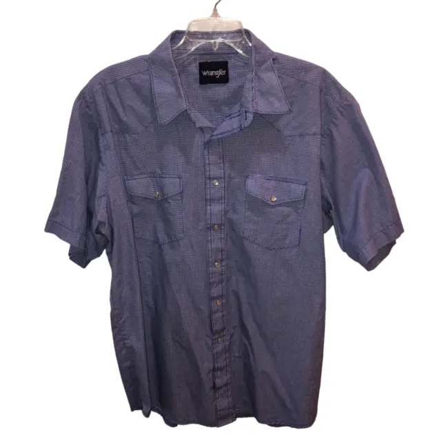 VTG Wrangler Mens XL Blue Checkered Short Sleeve Pearl Snap Pockets Collar Shirt