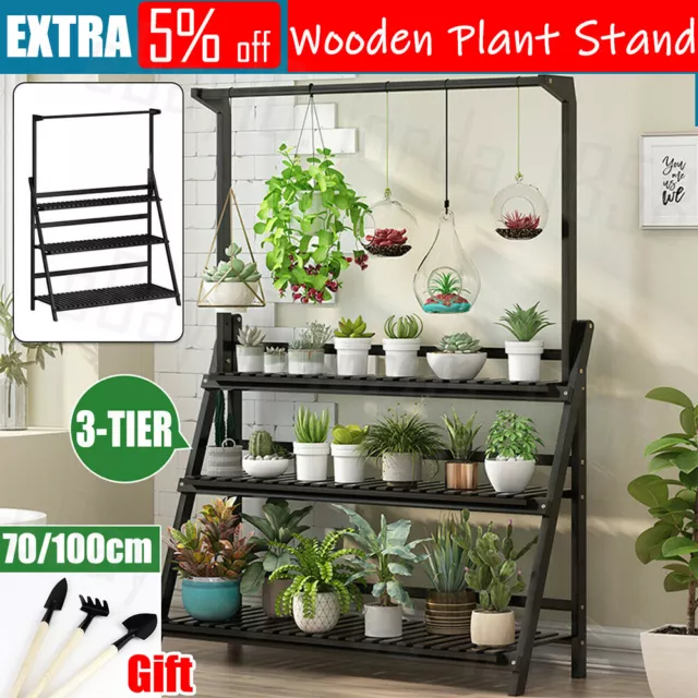 Indoor Outdoor Garden Plant Stand Planter Flower Pot Shelf Wooden Shelving Gift