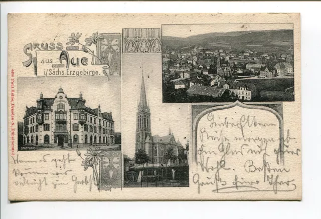 AK Gruss aus Aue, Erzgebirge, vor 1905, Stadtansichten mit Jugendstilornamenten